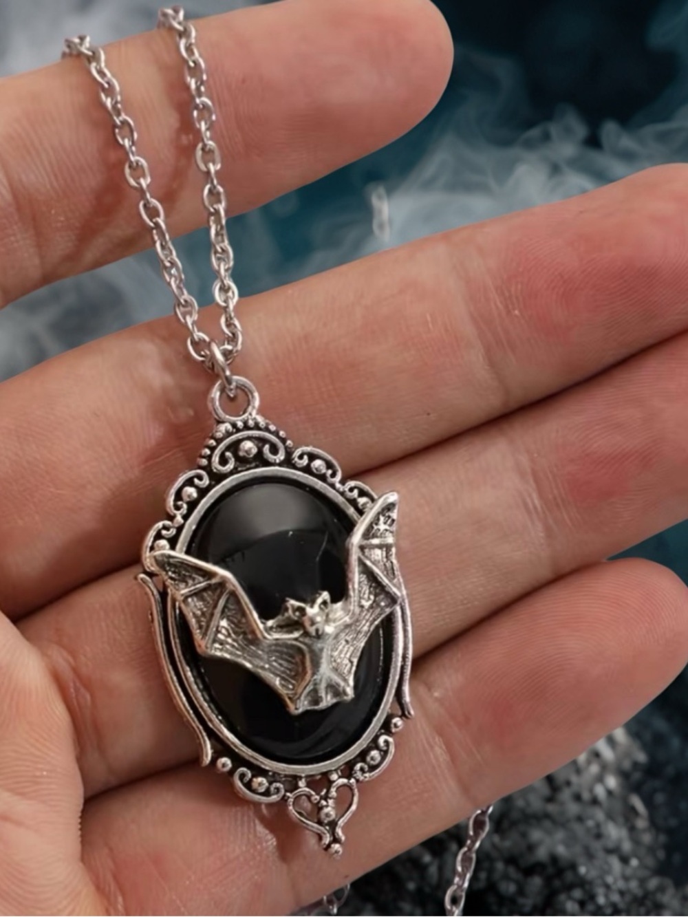 Gothic Vampire Bat Cameo Pendant Necklace - Dark Elegance